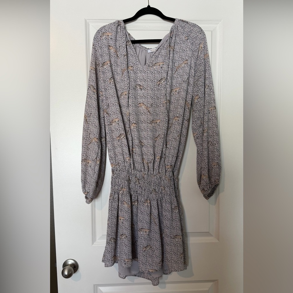Smocked-Waist Long Sleeve Midi Dress in Taupe Leopard Print